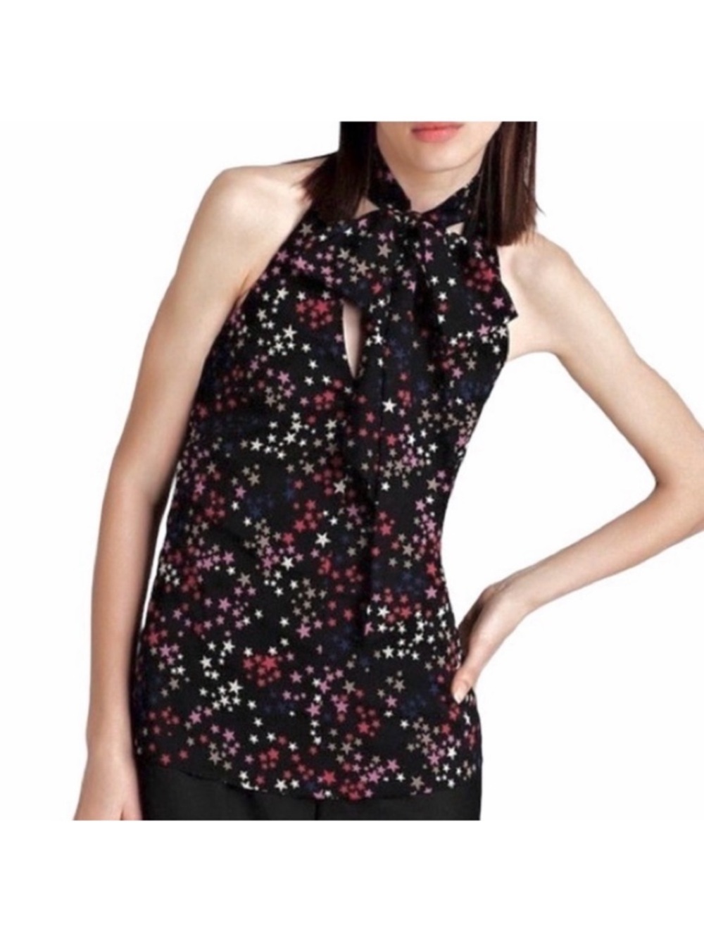 Trina Turk Women's Black Star-Print Halter Tie-Neck Top